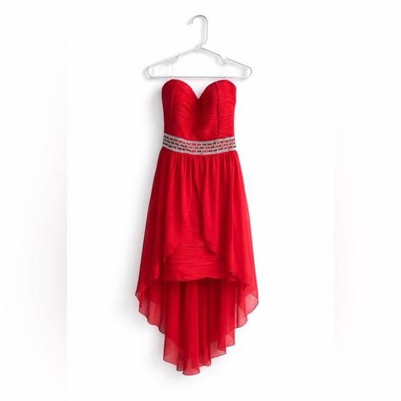 Dresses & Skirts - Strapless Red High-Low Chiffon Dress ✨ Rhinestone Waist